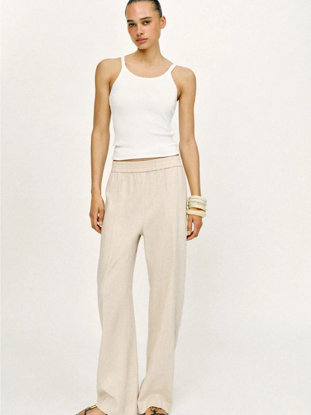 Zara Cream Wide-Leg Pull-On Pants